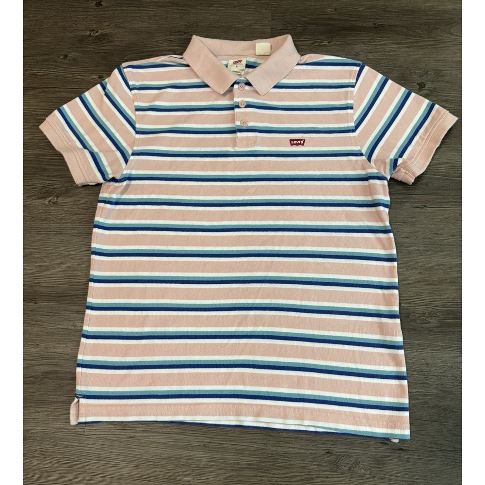 Levi's Polo Shirt Mens Medium Pink Blue White Striped Short Sleeve Cotton